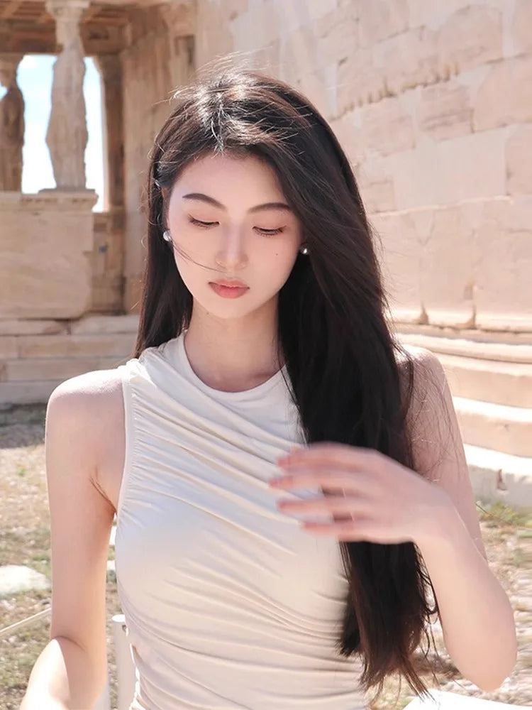 White Pleated Long Summer Dress For Women