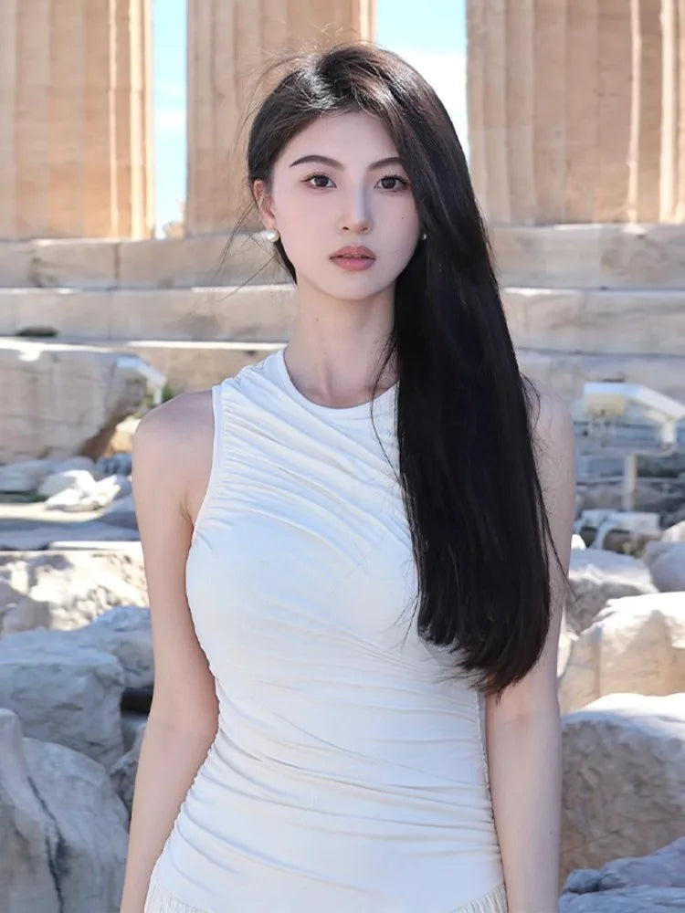 White Pleated Long Summer Dress For Women