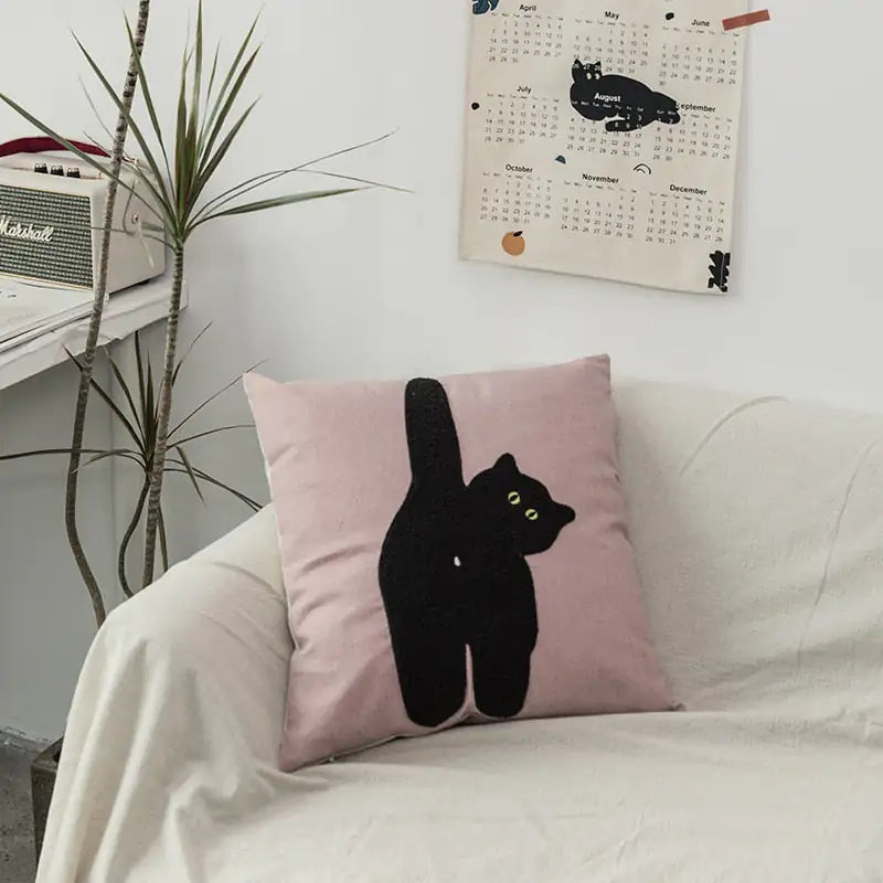 Cheeky Cat &amp; Monstera Leaf Embroidered Cushion Cover