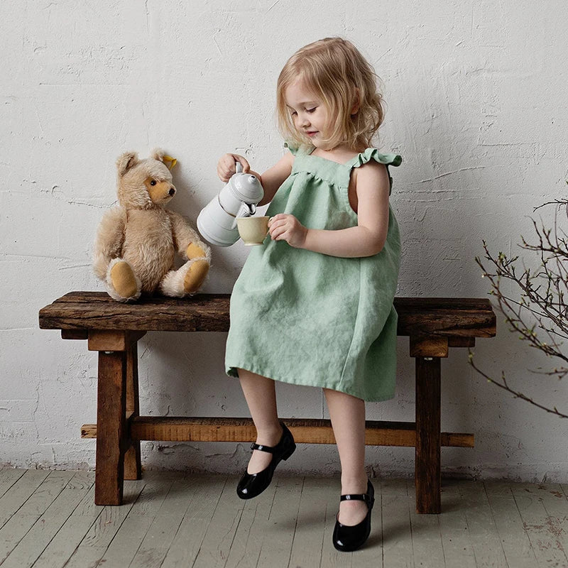 Girls Cotton and Linen Strap Dress Summer New Style Children&