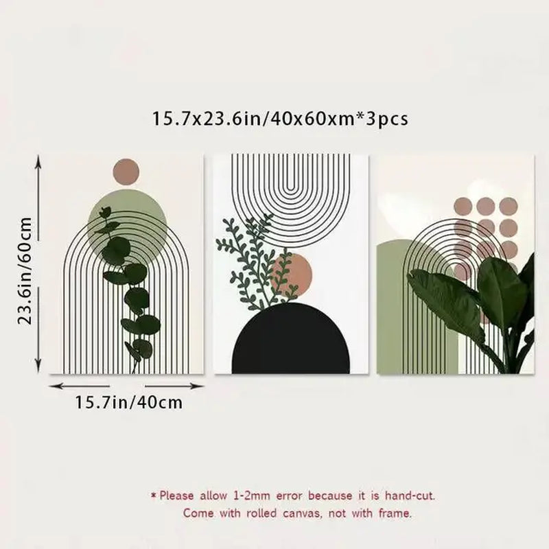 3Pcs Modern Abstract Green Plants Leaf Sun Lines Wall Boho Art Canvas Painting Posters Prints Pictures Living Room Decor Gifts