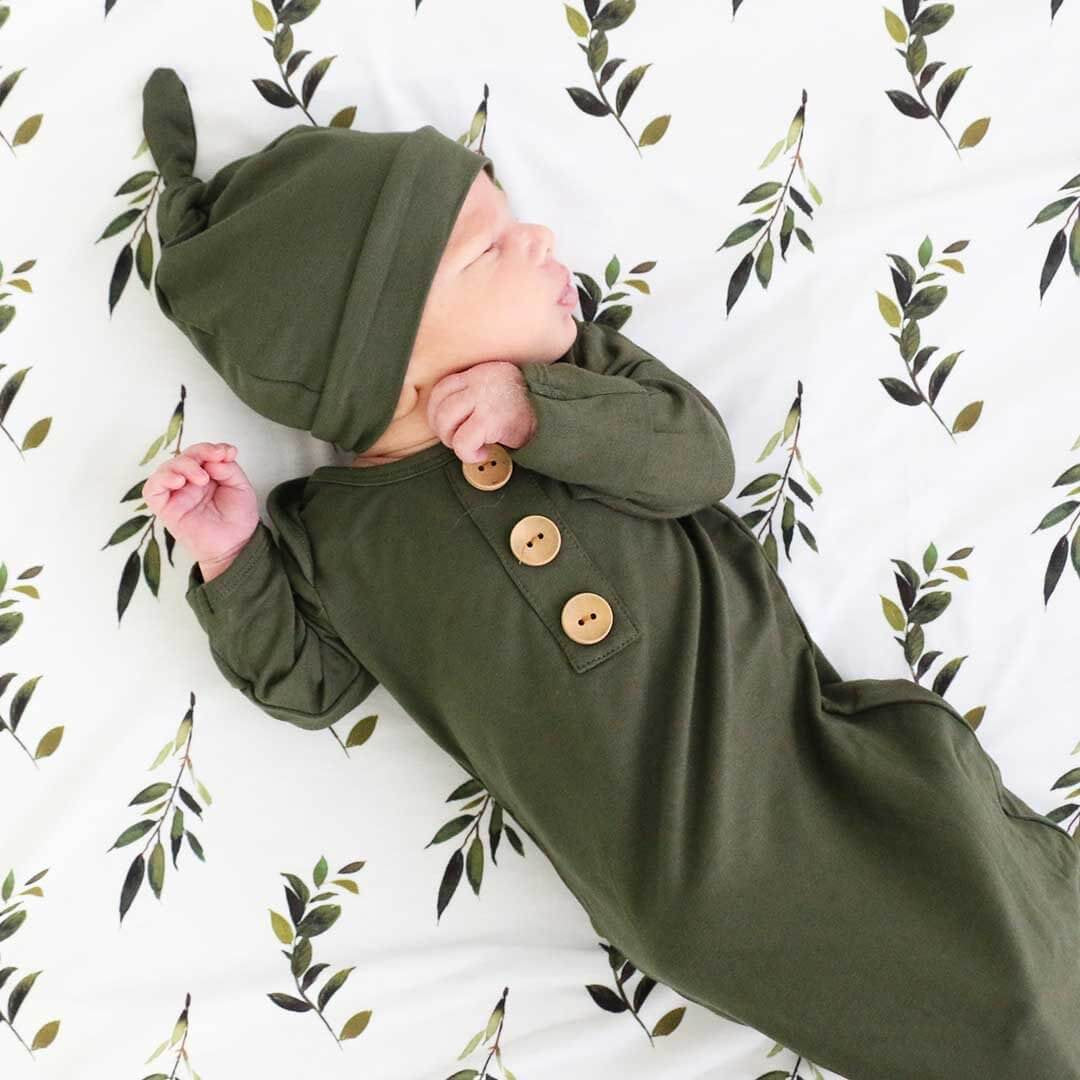Solid Olive Bamboo Baby Knot Gown & Hat*