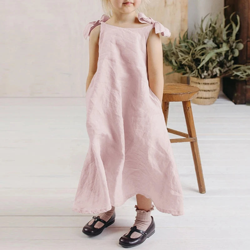 Girls Linen Adjustable Ribbon Dress Summer New Children&