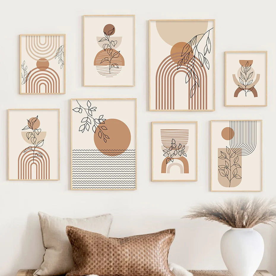 Boho Rainbow Sun Beige Abstract Leaves Poster Canvas Painting Wall Art Print Pictures Bedroom Living Room Interior Home Decor