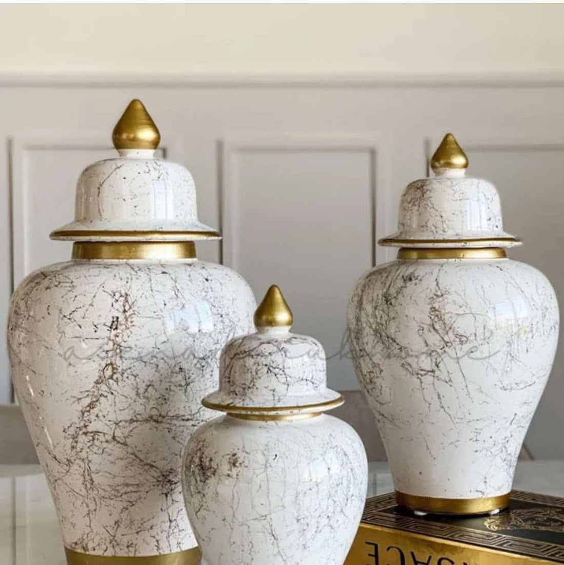 Ceramic Ginger Vase Set. Three piece set. White / Gold