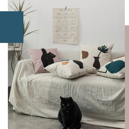 Cheeky Cat &amp; Monstera Leaf Embroidered Cushion Cover