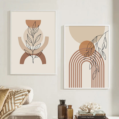 Boho Rainbow Sun Beige Abstract Leaves Poster Canvas Painting Wall Art Print Pictures Bedroom Living Room Interior Home Decor
