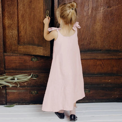 Girls Linen Adjustable Ribbon Dress Summer New Children&