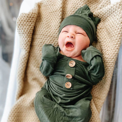 Solid Olive Bamboo Baby Knot Gown &amp; Hat*